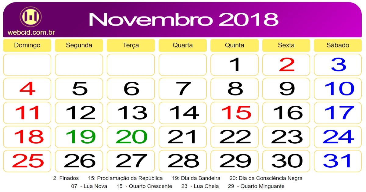 Calendário 06/11/2018 ISKCON Bahia